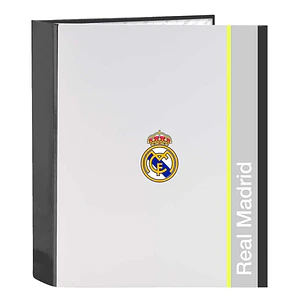 Safta Real Madrid Carpeta de 4 Anillas - Tapas Duras Forradas - Lomo de 60mm - Formato Folio - 27x33x6cm - Color Blanco y Negro