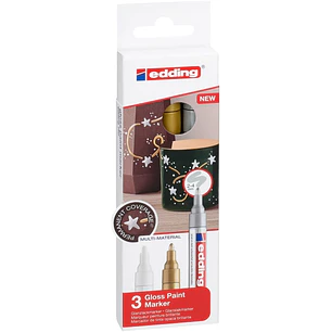 Edding 750 Pack de 3 Rotuladores Permanentes - Punta Redonda - Trazo entre 2 y 4 mm. - Tinta Opaca - Secado Rapido - Colores Blanco, Plata y Oro