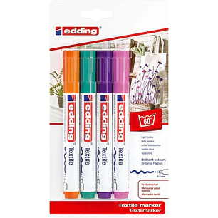 Edding 4500 Colores Divertidos Pack de 4 Rotuladores Permanentes para Textil - Punta Redonda - Trazo 2-3mm - Olor Neutro - Secado Rapido - Colores Nar