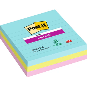 Post-It Super Sticky Pack de 3 Blocs de 70 Notas Adhesivas Reposicionables - Forma Cuadrada - 101x101mm - Colores Surtidos