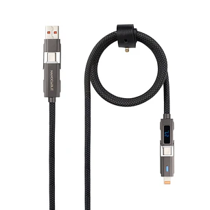 Nanocable Cable USB-C 4 en 1 - Soporta hasta 27W - Longitud 1m - Adaptador USB-A y Lightning Integrado - Pantalla Digital - Algodon Trenzado - Color N
