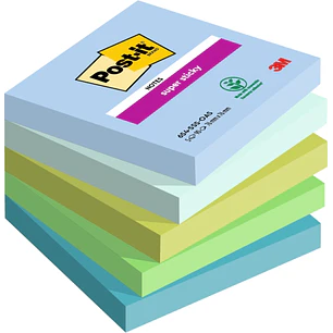 Post-It Super Sticky Pack de 5 Blocs de 90 Notas Adhesivas Reposicionables - Forma Cuadrada - 76x76mm - Colores Surtidos