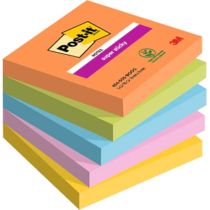 Post-It Super Sticky Pack de 5 Blocs de 90 Notas Adhesivas Reposicionables - Forma Cuadrada - 76x76mm - Colores Surtidos