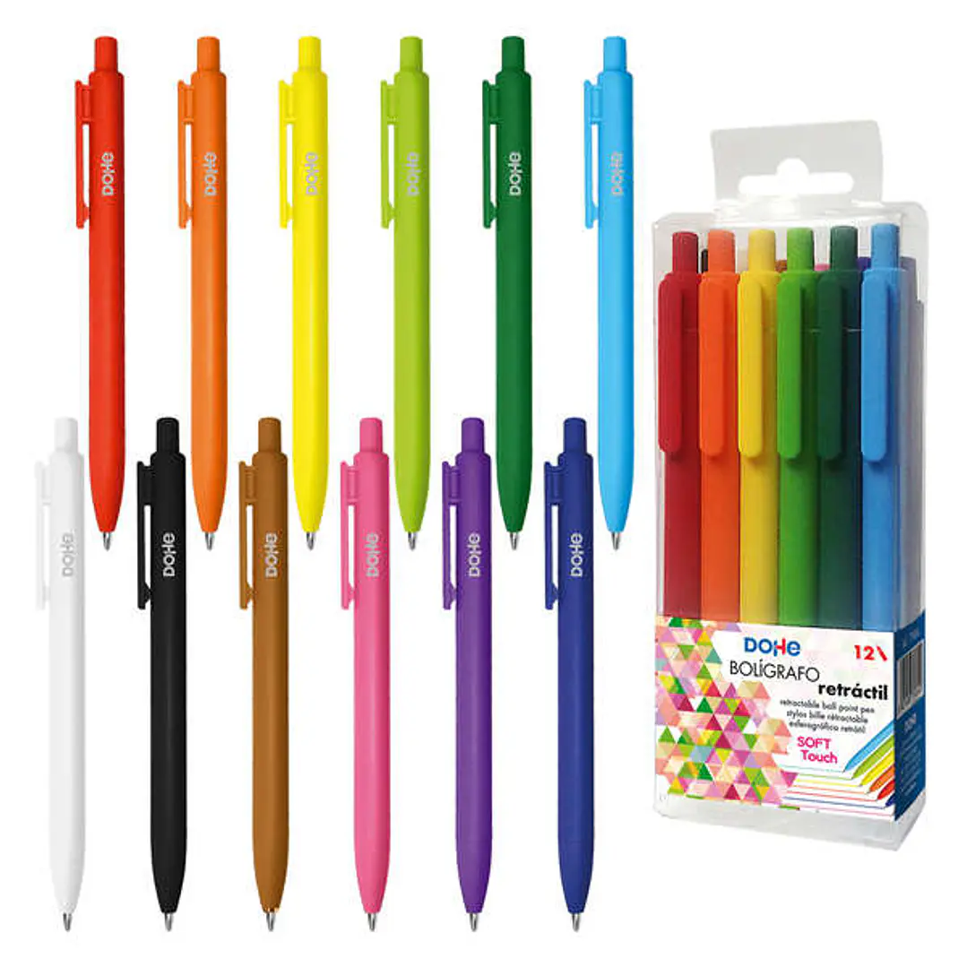 Dohe Pack de 12 Boligrafos Retractiles Tacto Soft - Punta Bola Metalica de 1mm - Trazo de 0,4mm - Tinta del Color del Boligrafo - Cuerpo y Tinta en Co 1