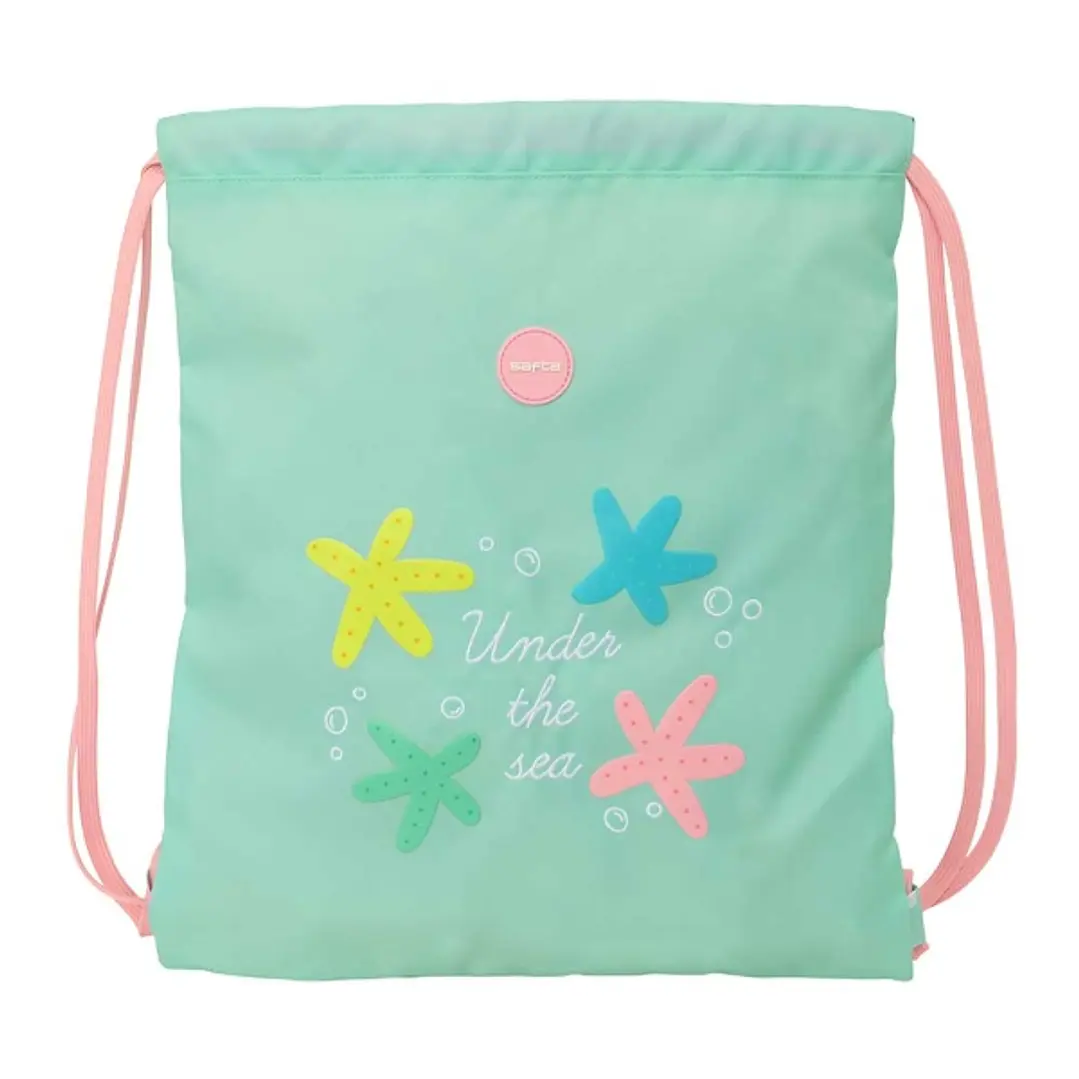 Safta Estrellas Saco Plano - Cierre con Cordones - Bolsillo Interior con Cremallera - 35x40x1cm - Color Verde 1