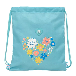 Safta Moos Fiori Saco Plano - Bolsillo con Cremallera - Cierre con Cordones - Material Reciclable - 5L - 350x10x400mm - Color Azul Claro
