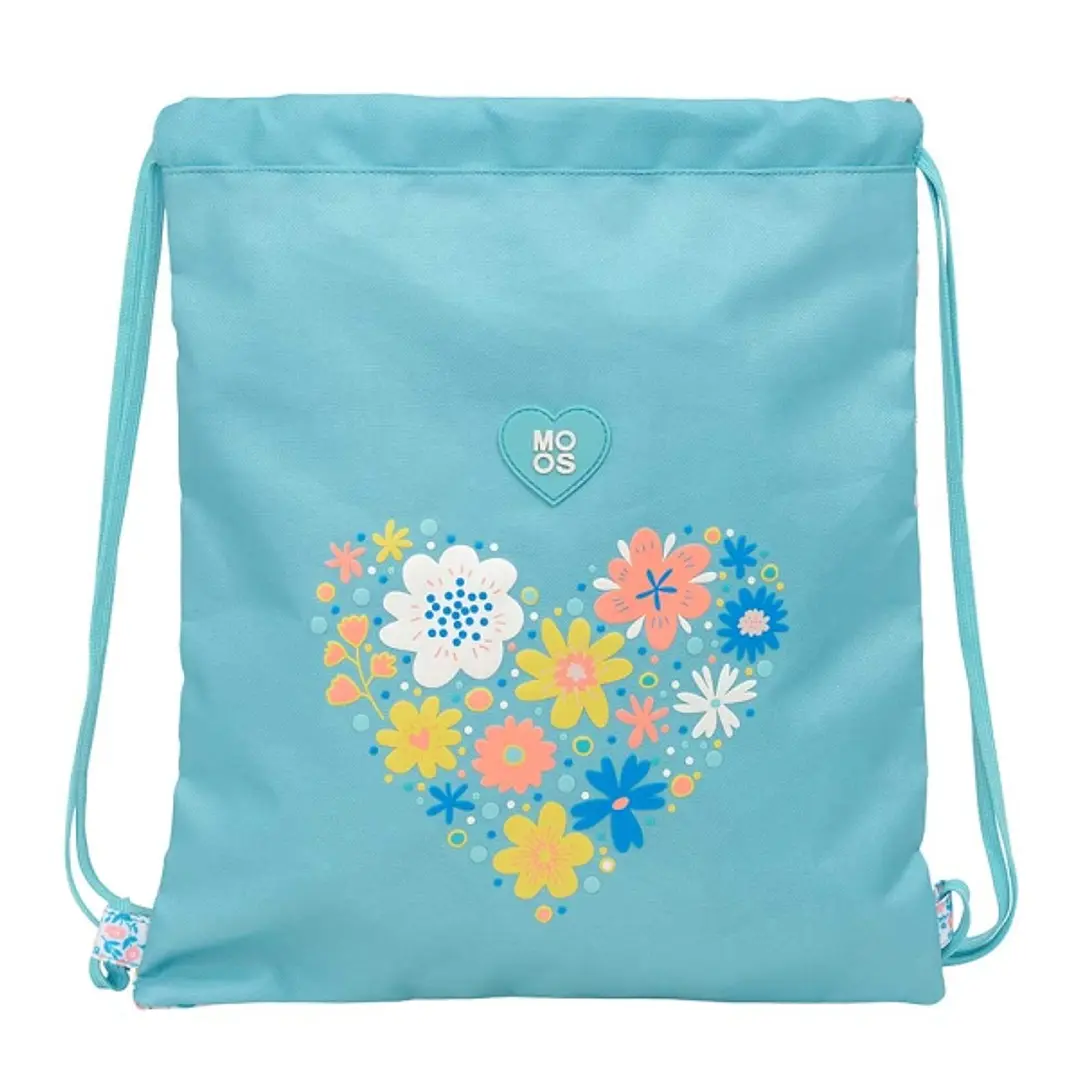 Safta Moos Fiori Saco Plano - Bolsillo con Cremallera - Cierre con Cordones - Material Reciclable - 5L - 350x10x400mm - Color Azul Claro 1