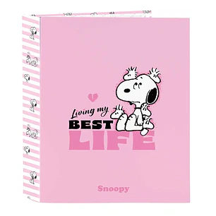 Safta Snoopy Carpeta de 4 Anillas de 40mm - Formato Folio - Tapas Duras Forradas - Lomo Ancho - 27x33x6cm - Color Rosa