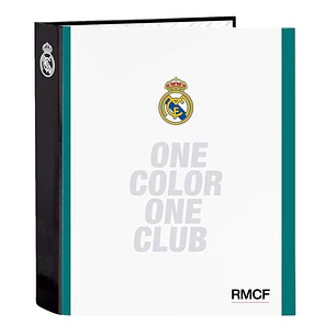 Safta Real Madrid Equipacion 26/27 Carpeta de 4 Anillas de 40mm - Formato Folio - Tapas Duras Forradas - Lomo Ancho - 27x33x6cm - Color Blanco y Negro