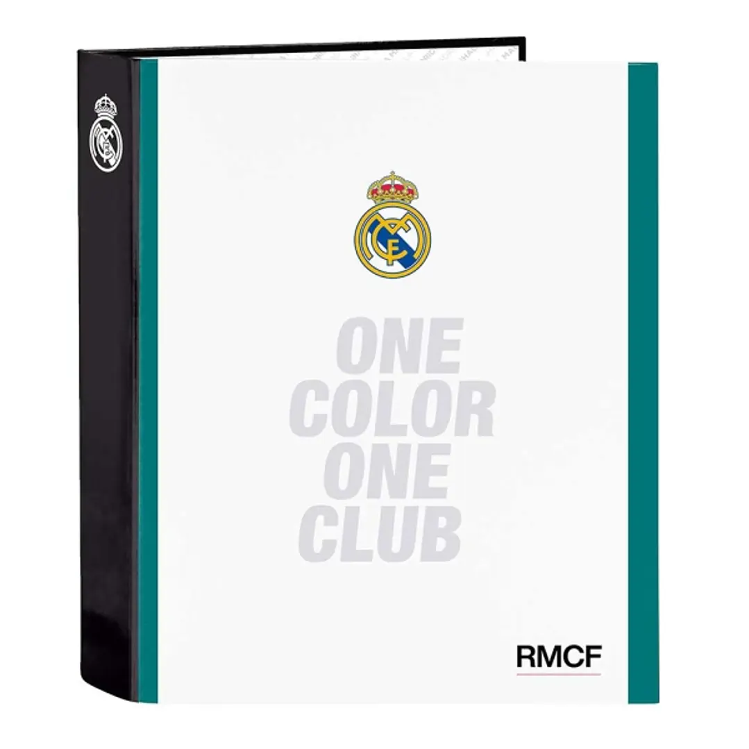 Safta Real Madrid Equipacion 26/27 Carpeta de 4 Anillas de 40mm - Formato Folio - Tapas Duras Forradas - Lomo Ancho - 27x33x6cm - Color Blanco y Negro 1