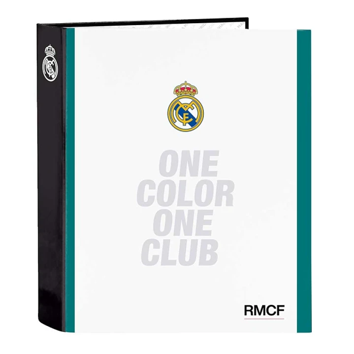 Safta Real Madrid Equipacion 26/27 Carpeta de 4 Anillas de 40mm - Formato Folio - Tapas Duras Forradas - Lomo Ancho - 27x33x6cm - Color Blanco y Negro 1