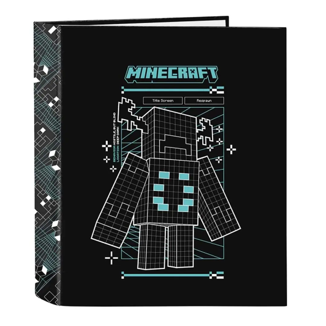 Safta Minecraft Screen Carpeta de 4 Anillas de 40mm - Formato Folio - Tapas Duras Forradas - Lomo Ancho - 27x33x6cm - Color Negro 1