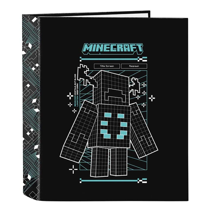 Safta Minecraft Screen Carpeta de 4 Anillas de 40mm - Formato Folio - Tapas Duras Forradas - Lomo Ancho - 27x33x6cm - Color Negro 1