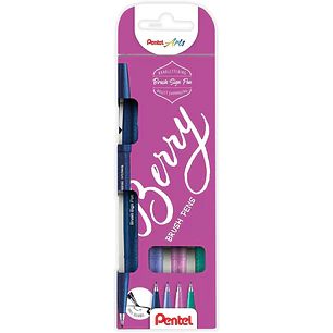 Pentel Brush Sing Pen Berry Pack de 4 Rotuladores con Punta de Pincel - Lineas Finas o Gruesas dependiendo de la Presion - Fabricados con 81% de Plast