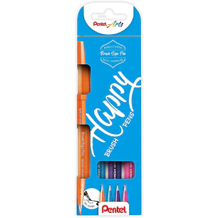 Pentel Brush Sing Pen Happy Pack de 4 Rotuladores con Punta de Pincel - Lineas Finas o Gruesas dependiendo de la Presion - Fabricados con 81% de Plast