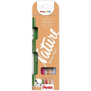 Pentel Brush Sing Pen Nature Pack de 4 Rotuladores con Punta de Pincel - Lineas Finas o Gruesas dependiendo de la Presion - Fabricados con 81% de Plas
