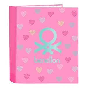 Safta Benetton Heart Carpeta con 4 Anillas 40mm - Tapas Duras Forradas - Formato Folio - 270x60x330mm - Color Rosa