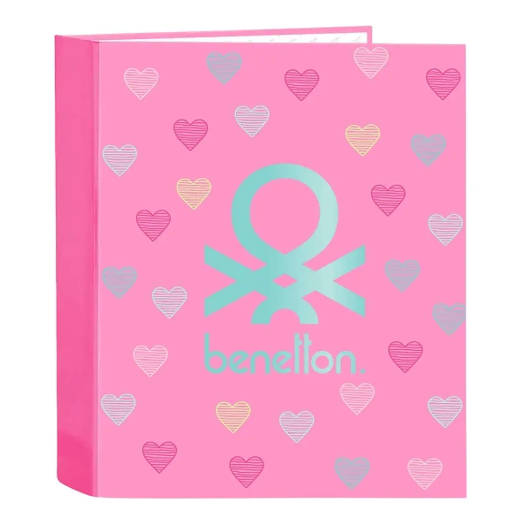 Safta Benetton Heart Carpeta con 4 Anillas 40mm - Tapas Duras Forradas - Formato Folio - 270x60x330mm - Color Rosa 1