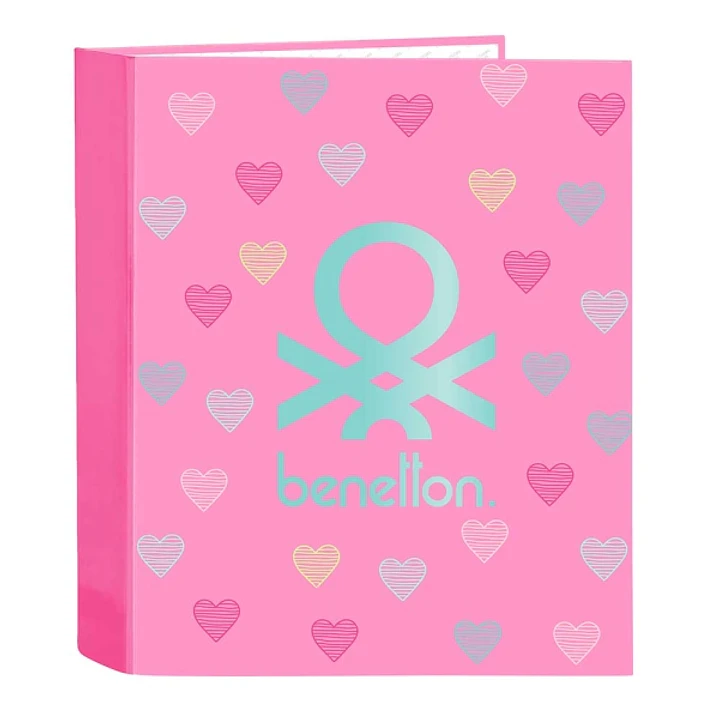 Safta Benetton Heart Carpeta con 4 Anillas 40mm - Tapas Duras Forradas - Formato Folio - 270x60x330mm - Color Rosa 1