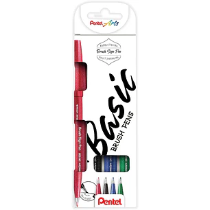 Pentel Brush Sing Pen Basic Pack de 4 Rotuladores con Punta de Pincel - Lineas Finas o Gruesas dependiendo de la Presion - Fabricados con 81% de Plast