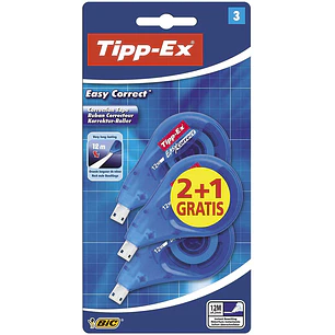Tipp-Ex Easy Correct 2+1 Pack de 3 Cintas Correctoras 4.2mm x 12m - Resistente - Escritura Instantanea (Blister)