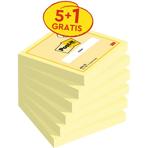 Post-It Pack de 6 Blocs de 100 Notas Adhesivas Reposicionables - 76x76mm - Promocion 5 Blocs + 1 Gratis - Color Amarillo Claro