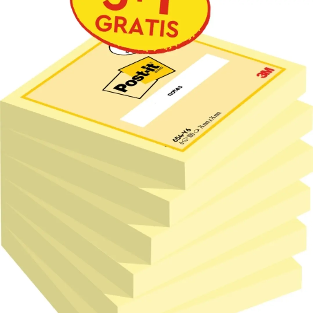 Post-It Pack de 6 Blocs de 100 Notas Adhesivas Reposicionables - 76x76mm - Promocion 5 Blocs + 1 Gratis - Color Amarillo Claro 1