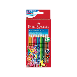 Faber-Castell Colour Grip Pack 10+2 Lapices de Colores Triangulares con Grip de Agarre - Con Espacio para el Nombre - Colores Surtidos