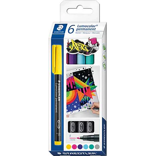 Staedtler Lumocolor 318 C6 Pack de 6 Rotuladores Permanentes - Trazo de 0.6mm Aprox - Secado Rapido - Colores Surtidos