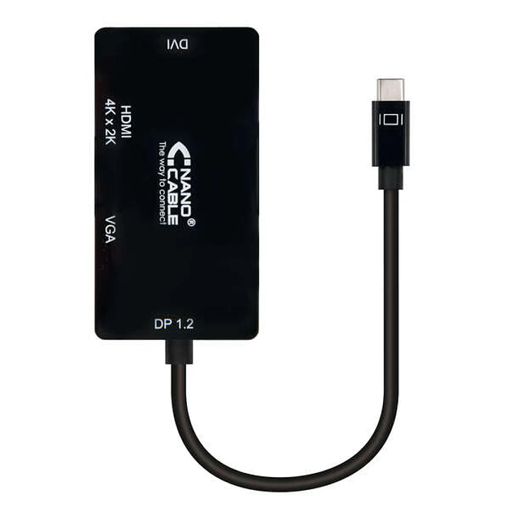 Nanocable Conversor USB-C a SVGA / DVI / HDMI - 3 en 1. USB-C/M-VGA/H-DVI/H-HDMI/H 4K - 10 cm - Color Negro 1