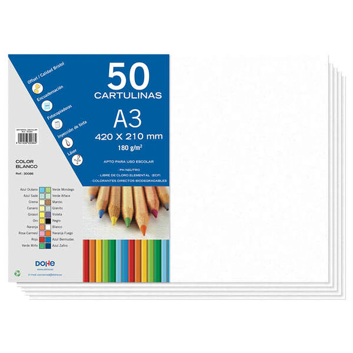 Dohe Pack de 50 Cartulinas A3 de 180gr - Con PH Neutro - Libres de Cloro Elemental - Color Blanco 1
