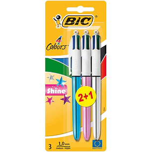 Bic 4 Colours Shine 2+1 Pack de 3 Boligrafos de Bola Retractil - Punta Media de 1.0mm - Tinta con Base de Aceite - Cuerpo de Colores Metalicos Surtido