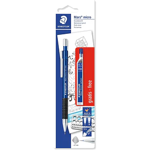 Staedtler Mars Micro Pack de 1 Portaminas 0.7mm + 1 Tubo de 12 Minas - Minas HB - Zona de Agarre de Goma