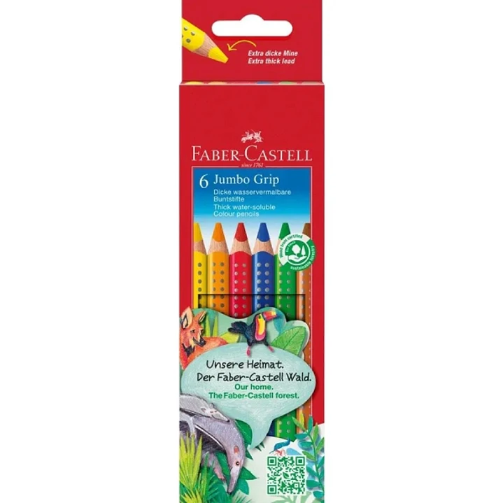 Faber-Castell Jumbo Grip Pack de 6 Lapices de Colores Triangulares con Grip de Agarre - Mina Extragruesa Jumbo - Acuarelable y Lavable - Colores Surti 1