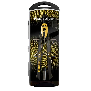 Staedtler Norix 555 Compas Metalico Escolar de Precision - Mecanismo Pulsador y Ajuste por Rueda Central - Color Amarillo/Negro