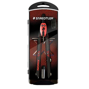 Staedtler Norix 555 Compas Metalico Escolar de Precision - Mecanismo Pulsador y Ajuste por Rueda Central - Color Rojo/Negro