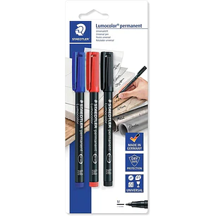 Staedtler Lumocolor Permanent Pen 317 Pack de 3 Rotuladores Permanentes - Trazo de 1mm Aprox - Secado Rapido - Colores Surtidos