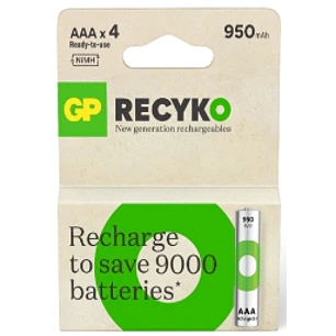 GP ReCyko Pack de 4 Pilas Recargables 950mAh AAA 1.2V - Precargadas - Ciclo de Vida: Hasta 1.000 Veces
