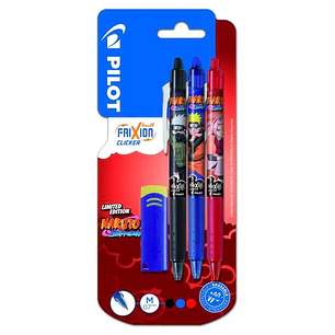 Pilot Frixion Clicker Naruto Shippuden Pack de 3 Boligrafos de Gel Retractil Borrable + Borrador - Punta de Bola 0.7mm - Trazo 0.4mm - Grip de Agarre 