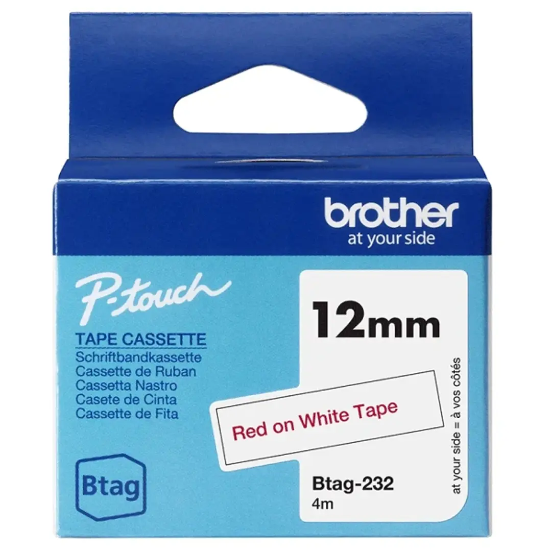 Brother Btag-232 Cinta 12mm - Texto Rojo sobre Fondo Blanco - Medidas 12mmx4 Metros - Apta para PTN10, PTN20, PTN25BT 1