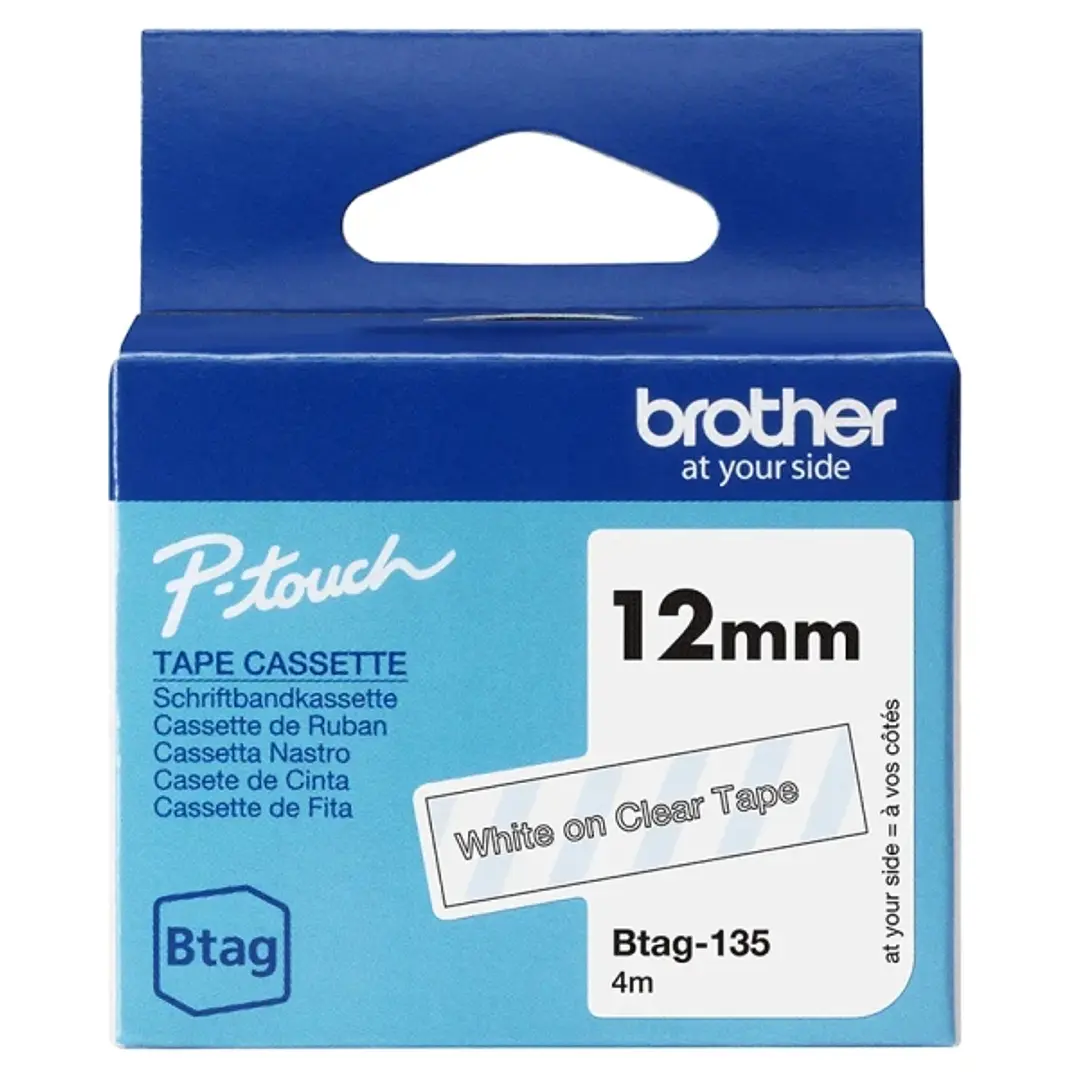 Brother Btag-135 Cinta 12mm - Texto Blanco sobre Fondo Transparente - Medidas 12mmx4 Metros - Apta para PTN10, PTN20, PTN25BT 1