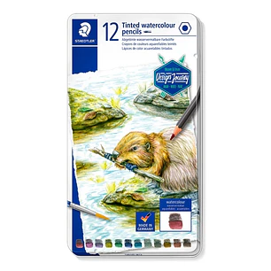 Staedtler 14610T Caja Metalica con 12 Lapices de Colores Tintados Acuarelables - Mina Suave - Colores Surtidos