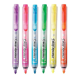 Pentel Handy Line S Pack de 6 Marcadores Fluorescentes Retractiles - Tinta Liquida - Trazo de 1.6 a 3mm - Formato Fino con Clip - Colores  Amarillo, N