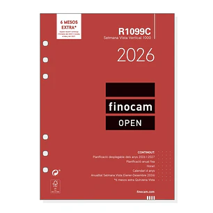 Finocam R1099C Recambio Anual 2026 para Agendas Open 2026 en Catalan - Formato 1000 - 155x7x215mm - Semana Vista en Vertical - Color Blanco