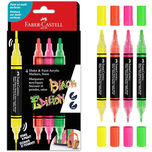 Faber-Castell Shake & Paint Black Edition Pack de 4 Rotuladores Acrilicos Doble Punta - Puntas Redondas de 1mm y 3mm - Tinta Acrilica al Agua - Colore
