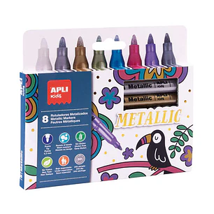 Apli Pack de 8 Rotuladores Metalizados - Cuerpo Redondo y Punta de 4.2mm - Ideal para Decorar en Papel, Carton, Ceramica, Etc - Limpieza Facil - Tinta