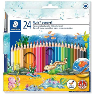 Staedtler Noris Aquarell Pack de 24 Lapices Hexagonales de Colores + Pincel - Refuerzo de Mina para Mayor Resistencia a la Rotura - Madera de Bosques 