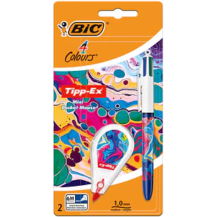 Bic 4 Colours Decors Hydro Pack de 1 Boligrafo de Bola Retractil + Corrector Pocket Mouse 5mmx6m - Punta Media de 1.0mm - Tinta con Base de Aceite - 4