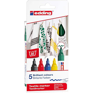 Edding 4500 Basicos Pack de 5 Rotuladores Permanentes para Textil - Punta Redonda - Trazo 2-3mm - Olor Neutro - Secado Rapido - Colores Negro, Verde, 