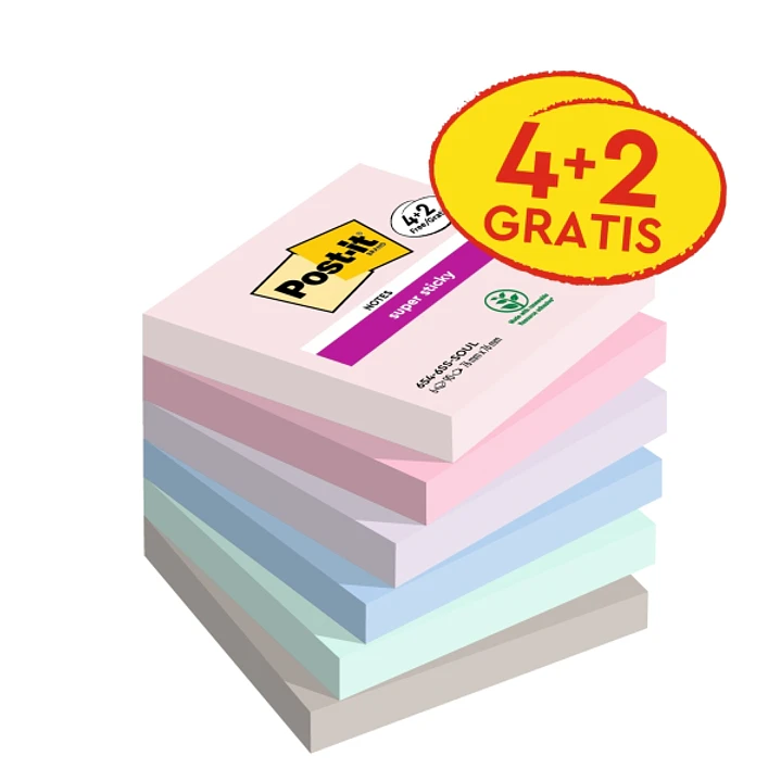 Post-It Super Sticky Pack de 6 Blocs de 90 Notas Adhesivas Reposicionables - Forma Cuadrada - 76x76mm - Colores Surtidos 1